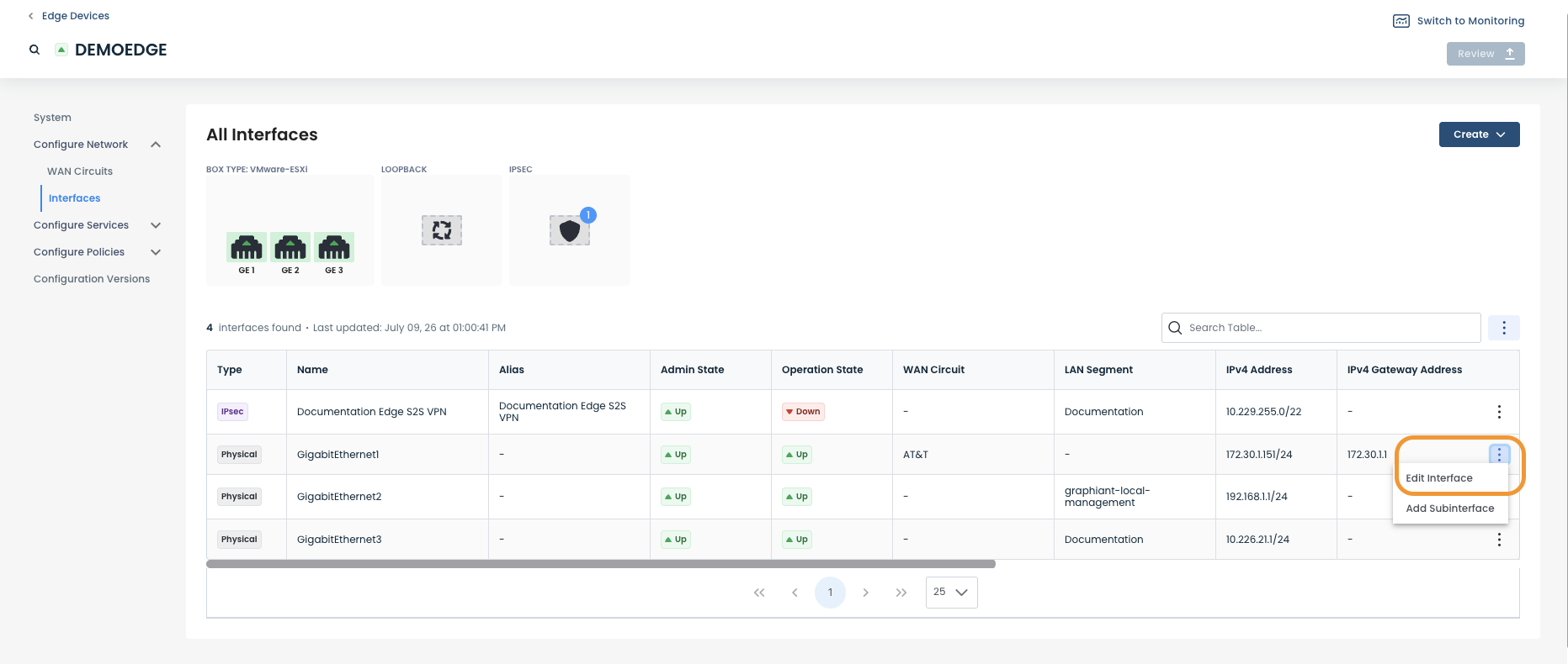 Interface management screen displaying various network interface statuses and options.